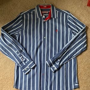 PINK by Thomas Pink, casual dress shirt. Blue white Striped, red accents/logo